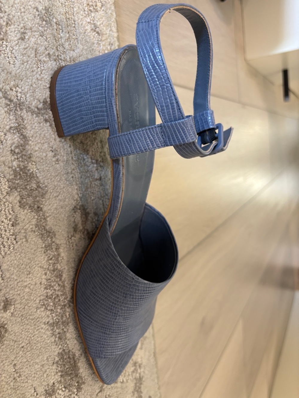 Everlane Slate Blue Lizard-Embossed Block Heel Sandals with Ankle Strap - Picture 4 of 9